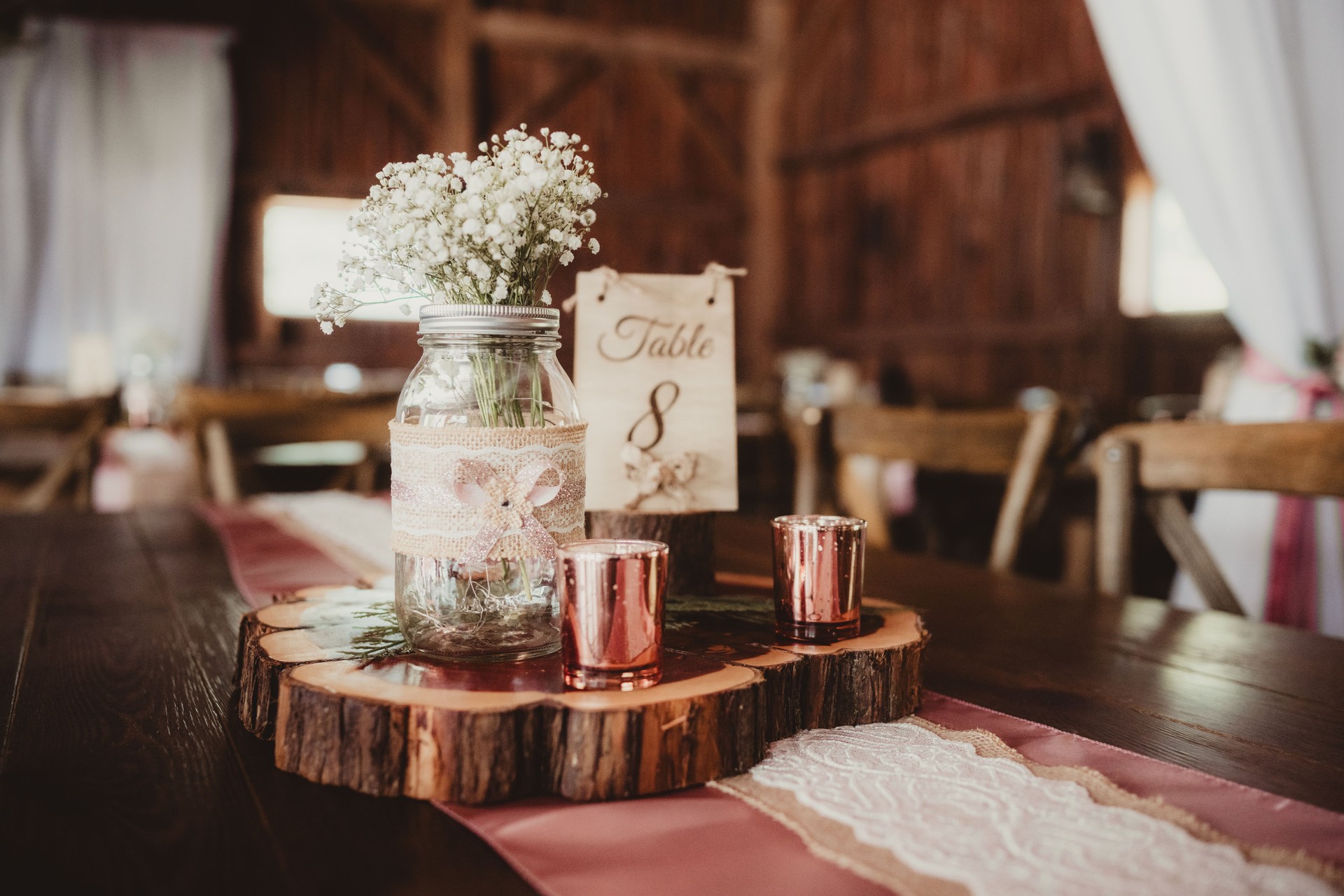 Close up of centerpiece on table at wedding reception